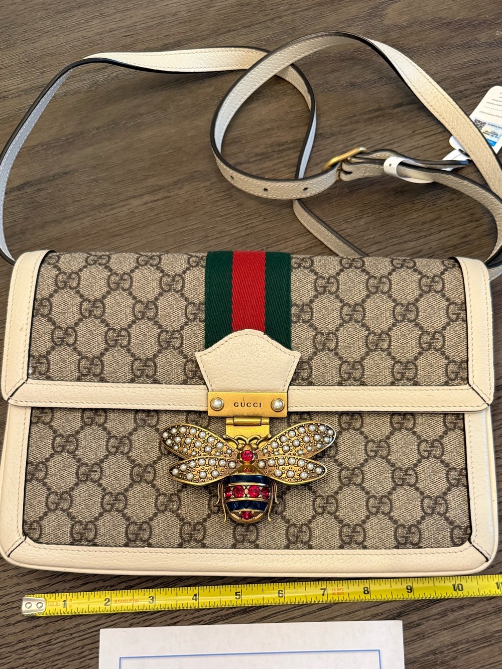 Gucci Queen Margaret GG Supreme Crossbody Green Red cream Crystal Bee Monogram